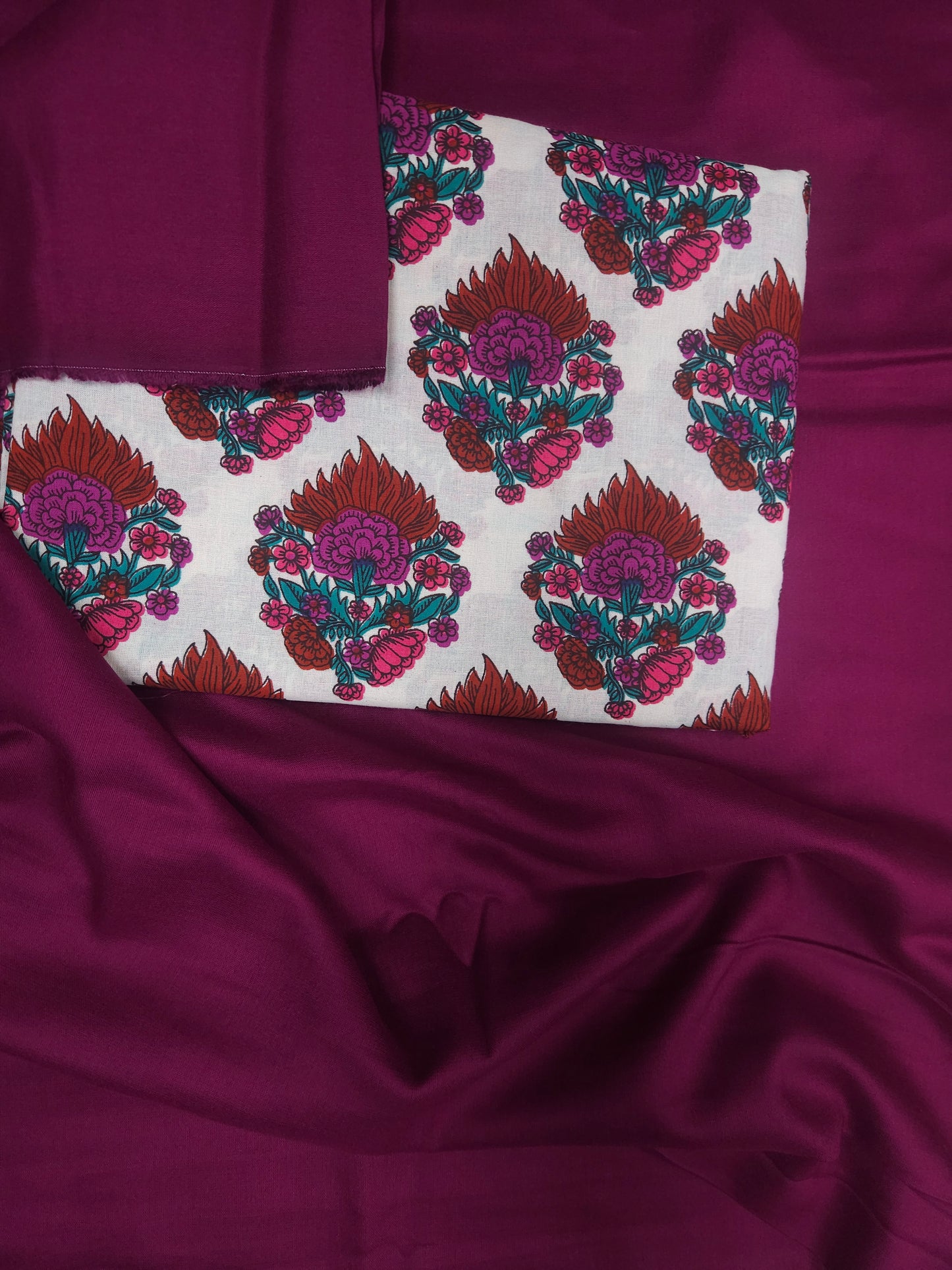 Premium Floral Printed Cotton Suit Set with Plain Magenta Bottom