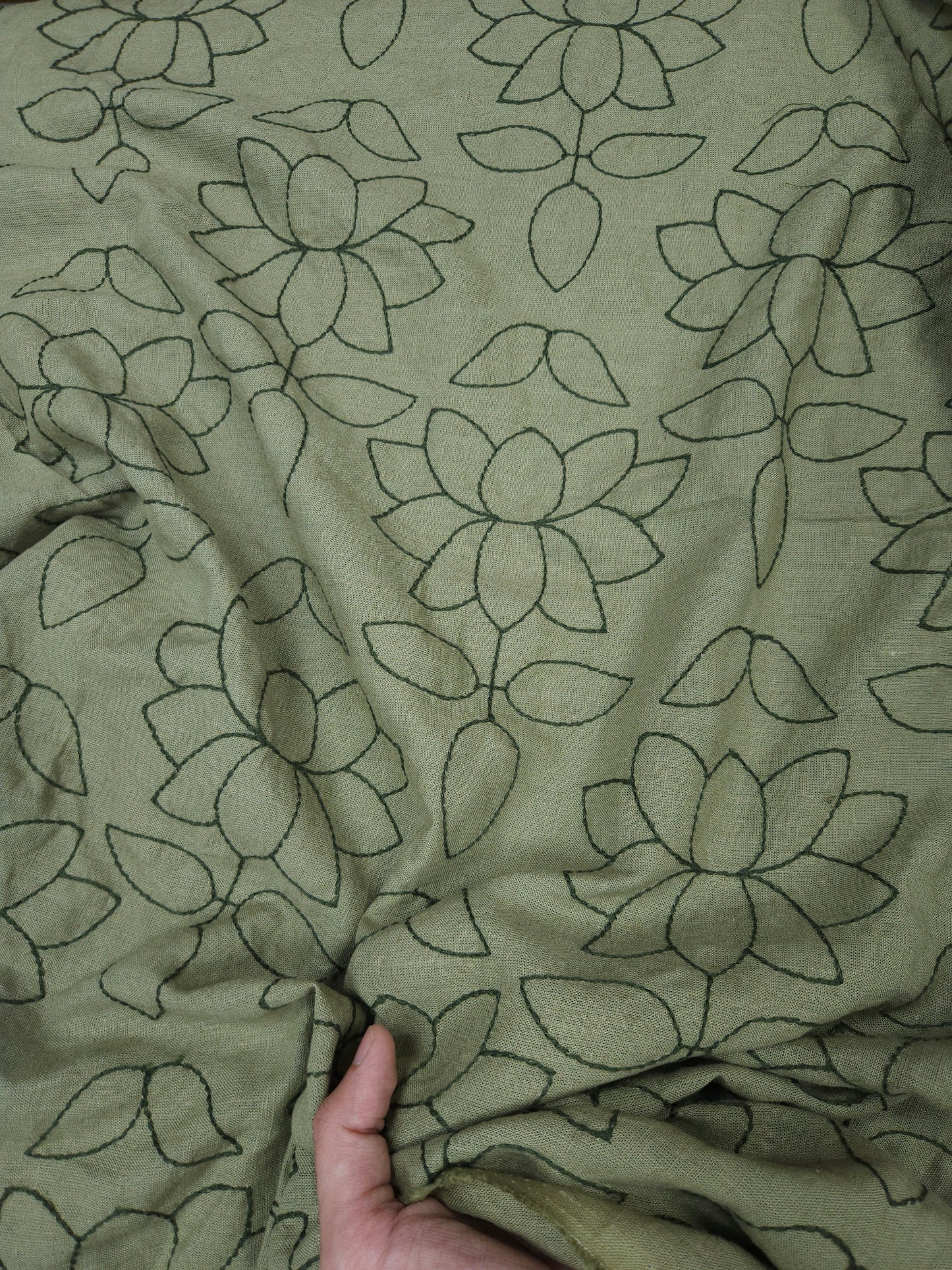 Olive Green Linen Chikan Embroidered Fabric | 60 Inch Wide Ethnic Floral Dress Material