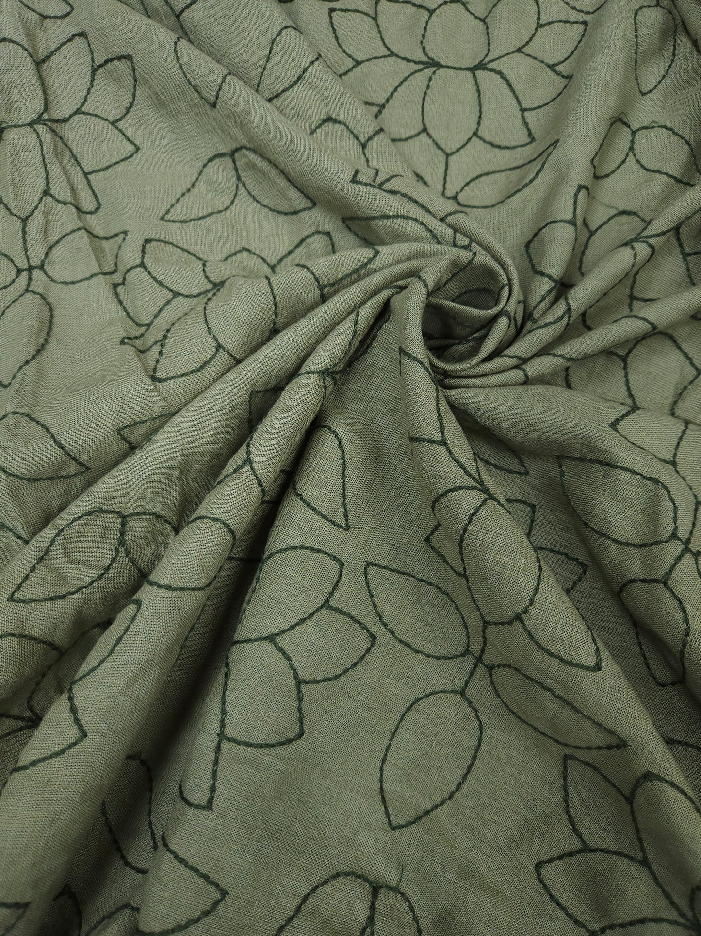 Olive Green Linen Chikan Embroidered Fabric | 60 Inch Wide Ethnic Floral Dress Material
