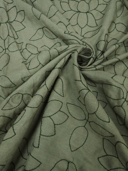 Olive Green Linen Chikan Embroidered Fabric | 60 Inch Wide Ethnic Floral Dress Material