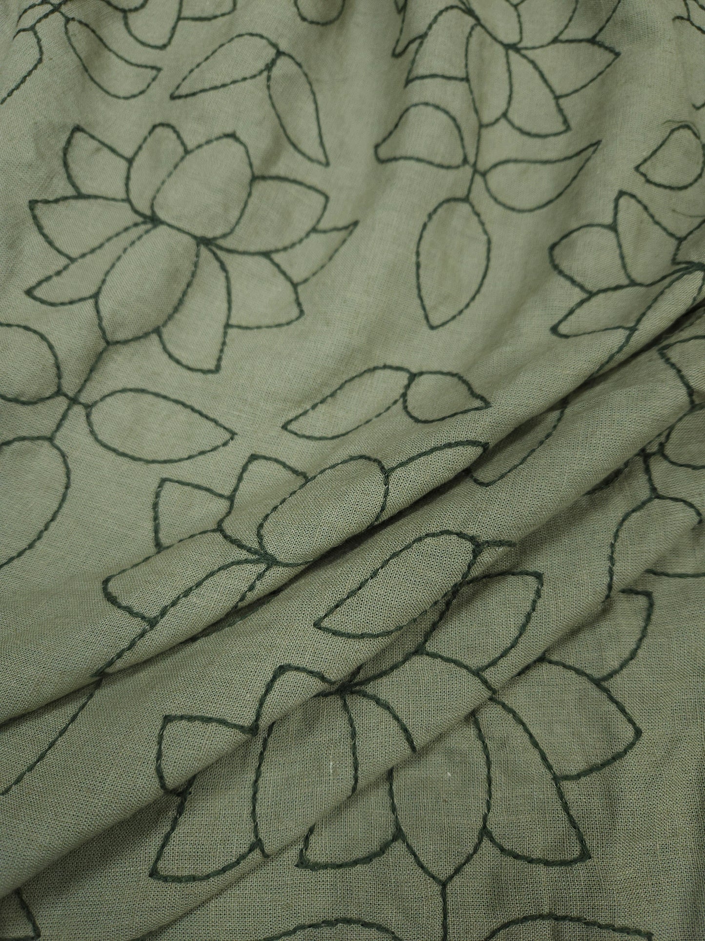 Olive Green Linen Chikan Embroidered Fabric | 60 Inch Wide Ethnic Floral Dress Material
