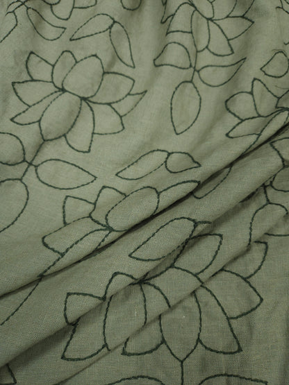 Olive Green Linen Chikan Embroidered Fabric | 60 Inch Wide Ethnic Floral Dress Material