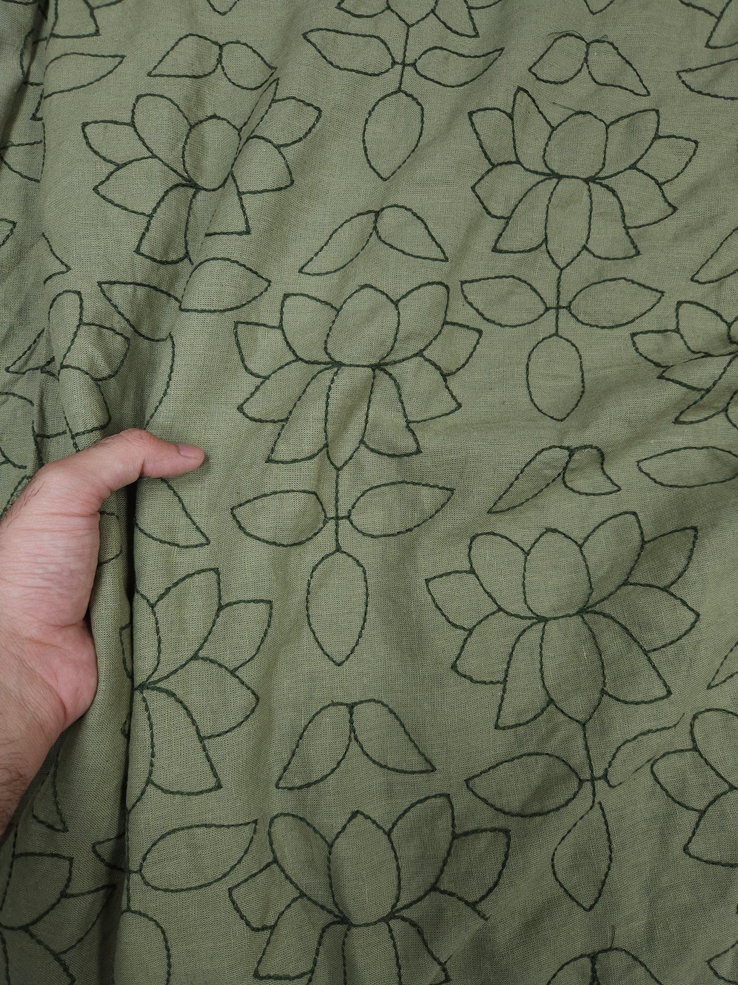 Olive Green Linen Chikan Embroidered Fabric | 60 Inch Wide Ethnic Floral Dress Material