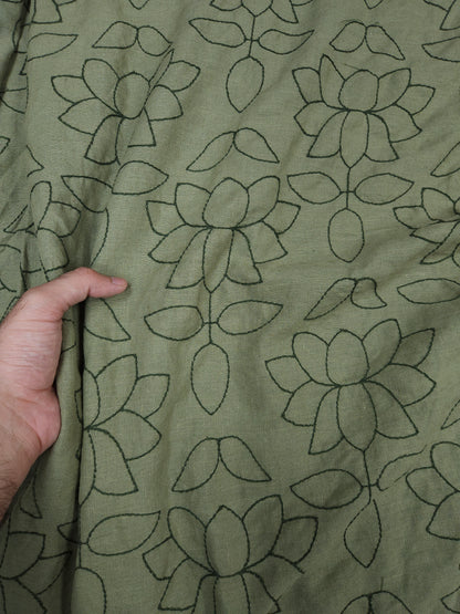 Olive Green Linen Chikan Embroidered Fabric | 60 Inch Wide Ethnic Floral Dress Material