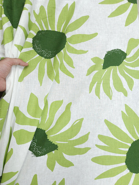 Green Sunflower Bloom Pure Linen Fabric – Premium Floral Print