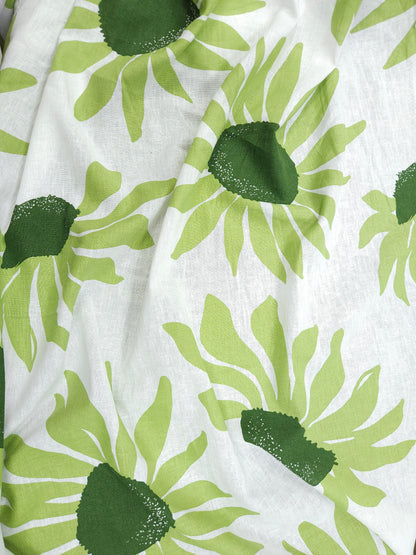 Green Sunflower Bloom Pure Linen Fabric – Premium Floral Print