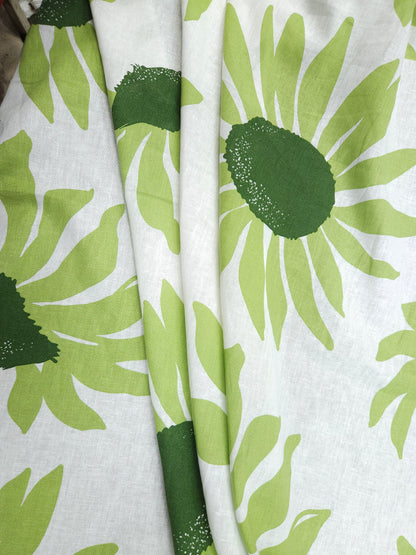 Green Sunflower Bloom Pure Linen Fabric – Premium Floral Print