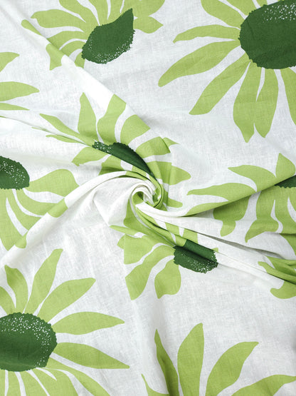 Green Sunflower Bloom Pure Linen Fabric – Premium Floral Print