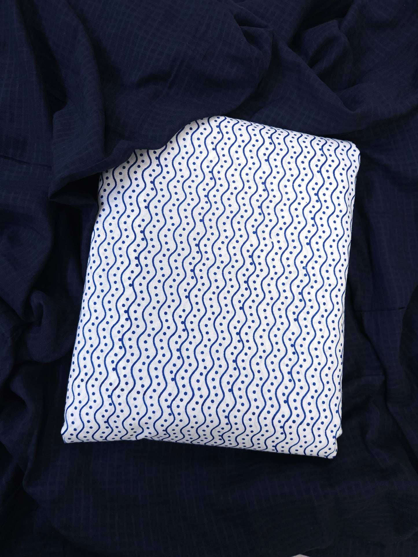 Navy Blue Cotton Linen All Over Suit with White Printed Kurta & Cota Doria Dupatta