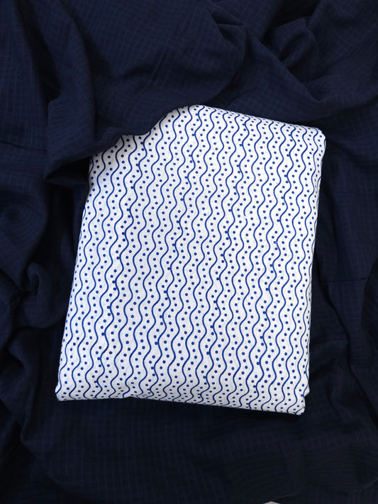 Navy Blue Cotton Linen All Over Suit with White Printed Kurta & Cota Doria Dupatta