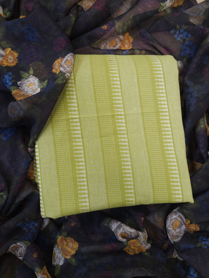 Pista Green Cotton Jamdani All Over Suit with Floral Chiffon Dupatta