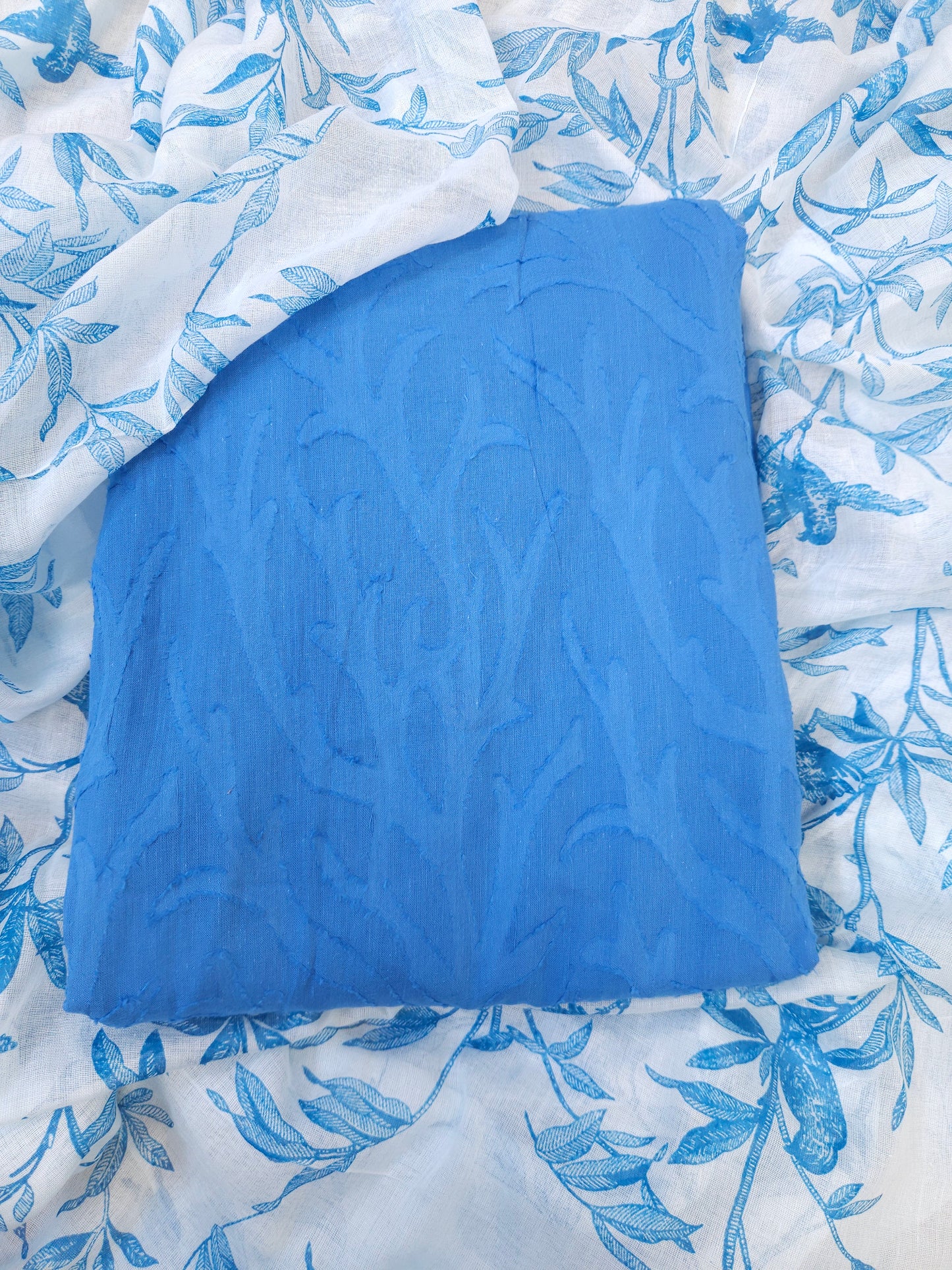 Sky Blue Floral Cotton Suit Set with Mal Cotton Printed Dupatta