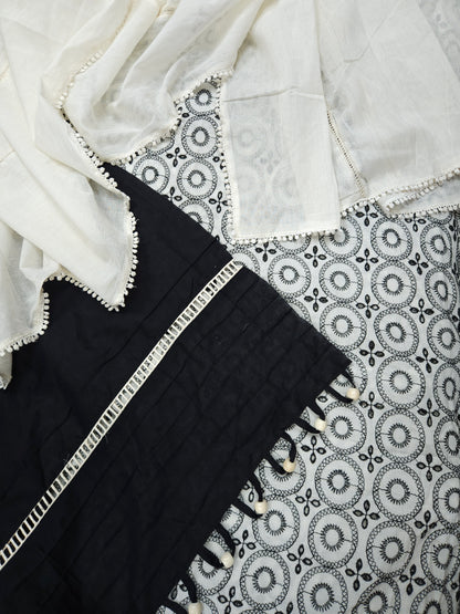 Black & White Schiffli Embroidered Unstitched Suit Set with Dupatta | 3 Piece Dress Material