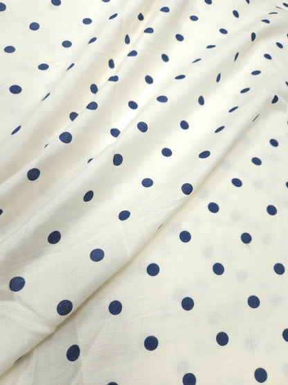 Premium Cotton Linen Polka Dot Fabric 44 Inch Width | White Blue Printed Suit Material