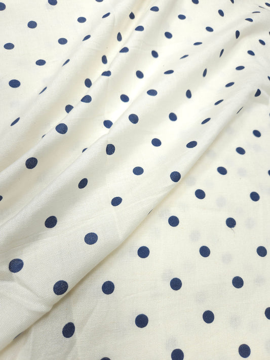 Premium Cotton Linen Polka Dot Fabric 44 Inch Width | White Blue Printed Suit Material