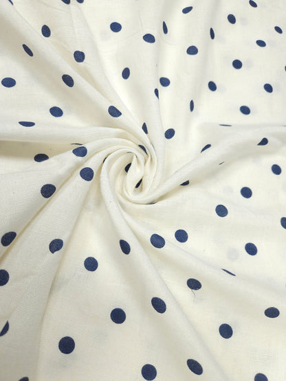 Premium Cotton Linen Polka Dot Fabric 44 Inch Width | White Blue Printed Suit Material