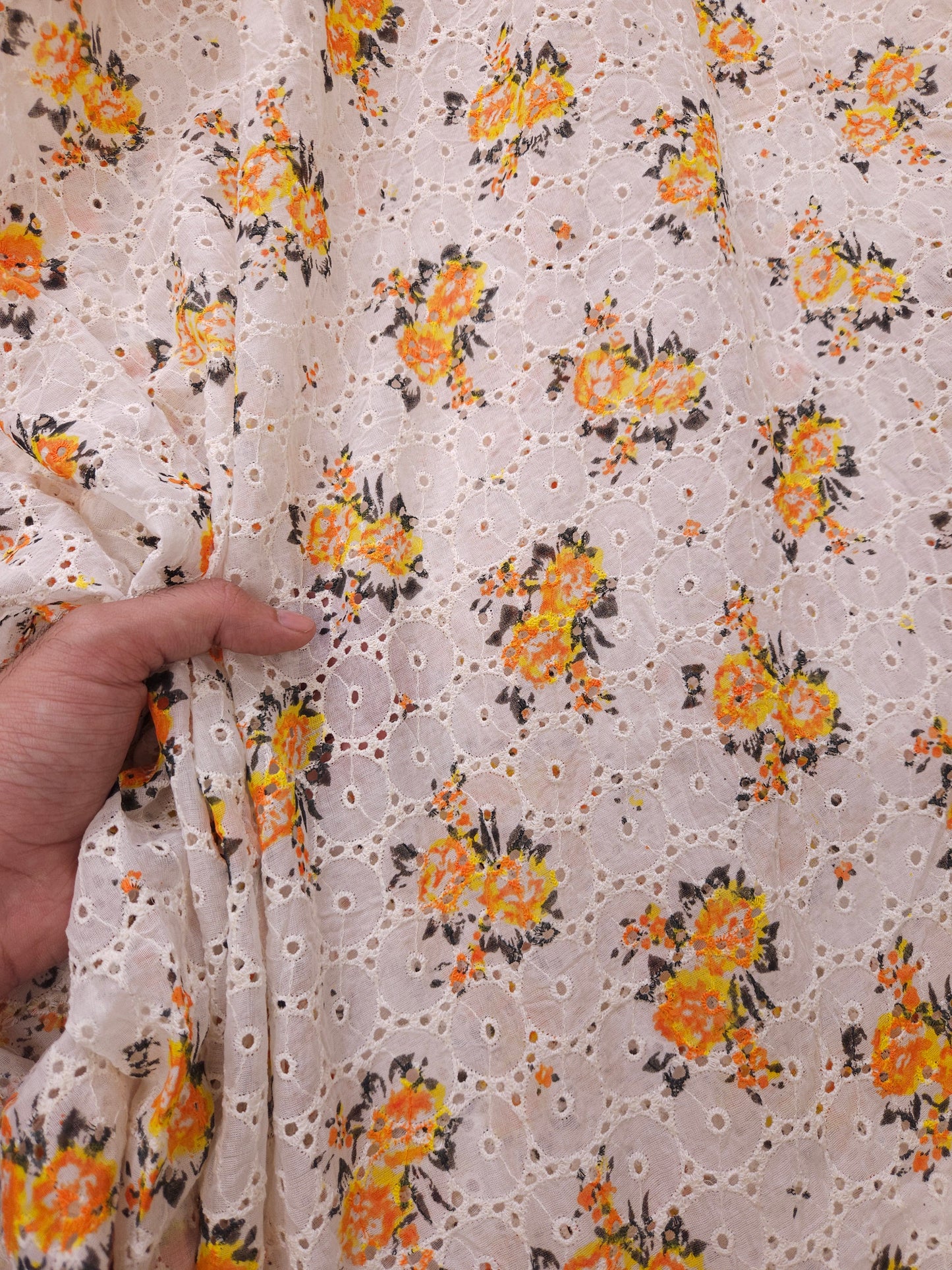 Marigold Printed Imported Schiffli Fabric