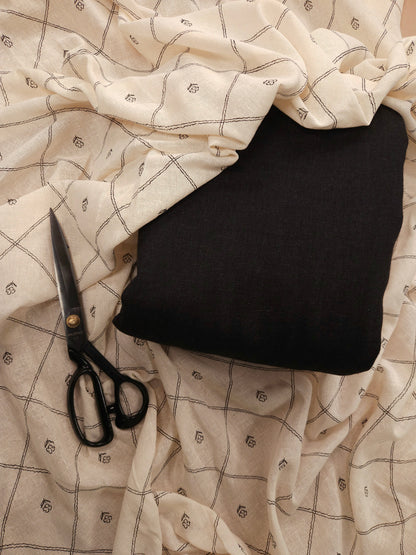 Deep Black Linen Blend Suit Fabric with Linen Blend Cotton Dupatta