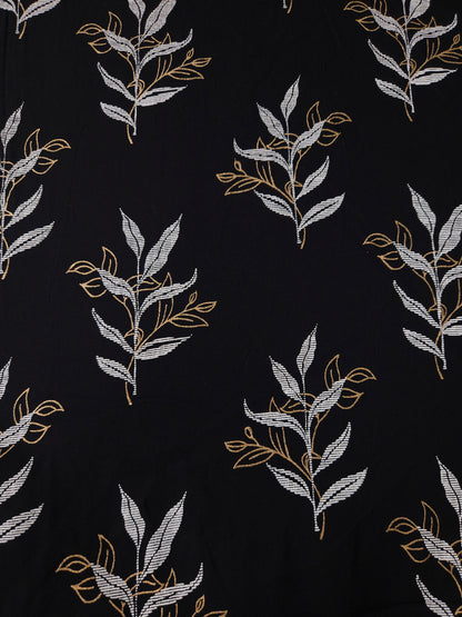 Deep Black with Beige Leaves Printed Modal Rayon Fabric