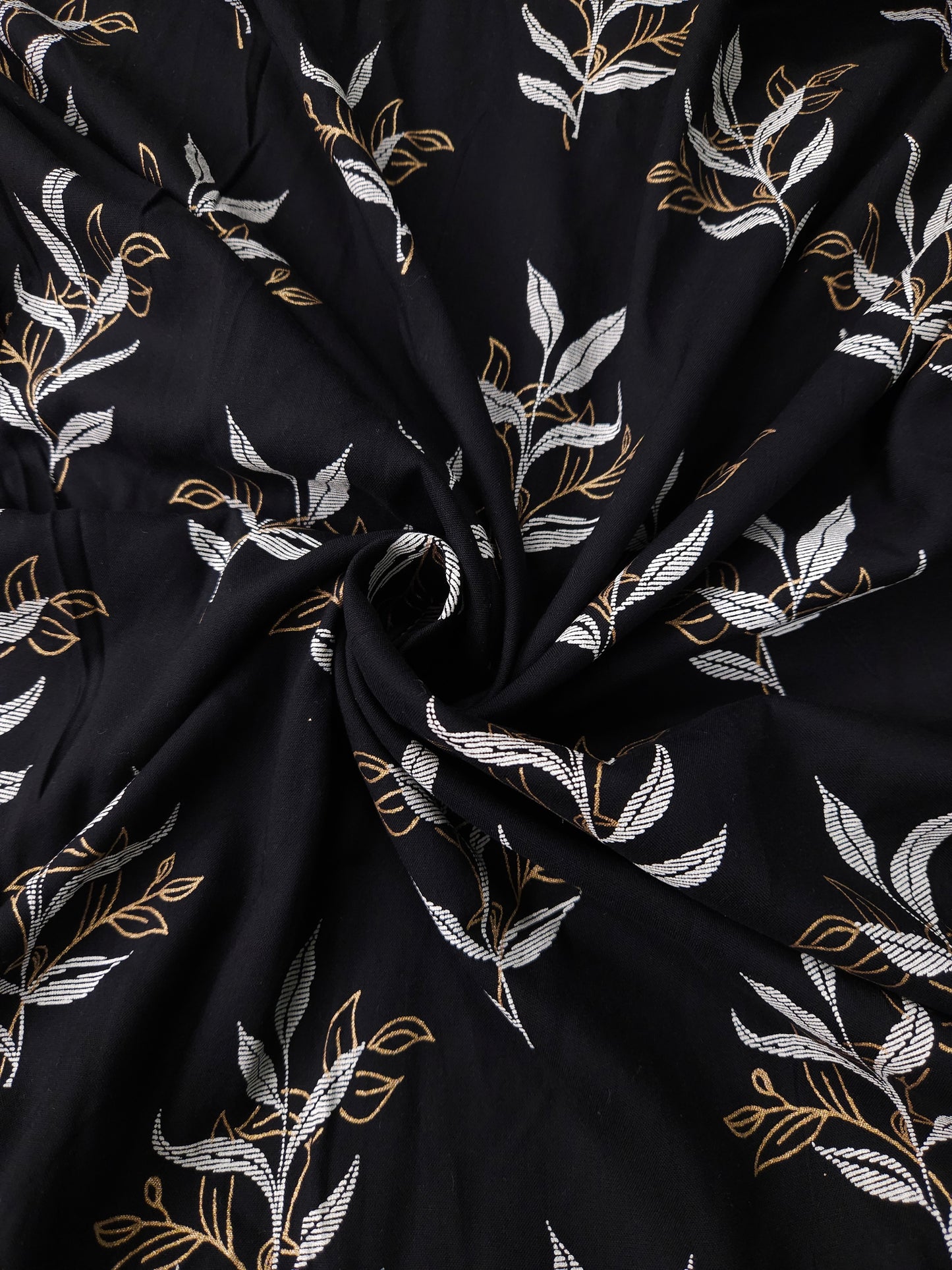Deep Black with Beige Leaves Printed Modal Rayon Fabric