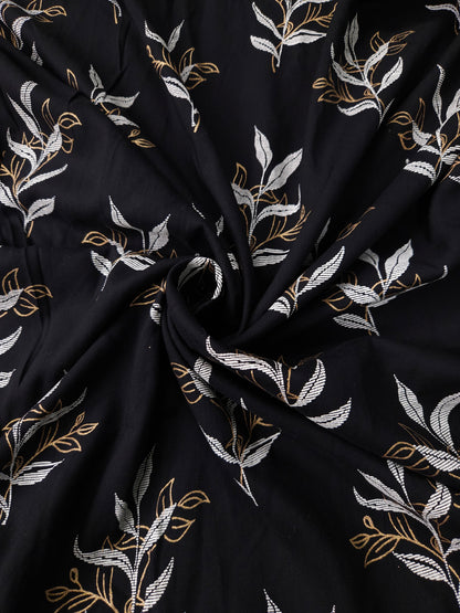Deep Black with Beige Leaves Printed Modal Rayon Fabric
