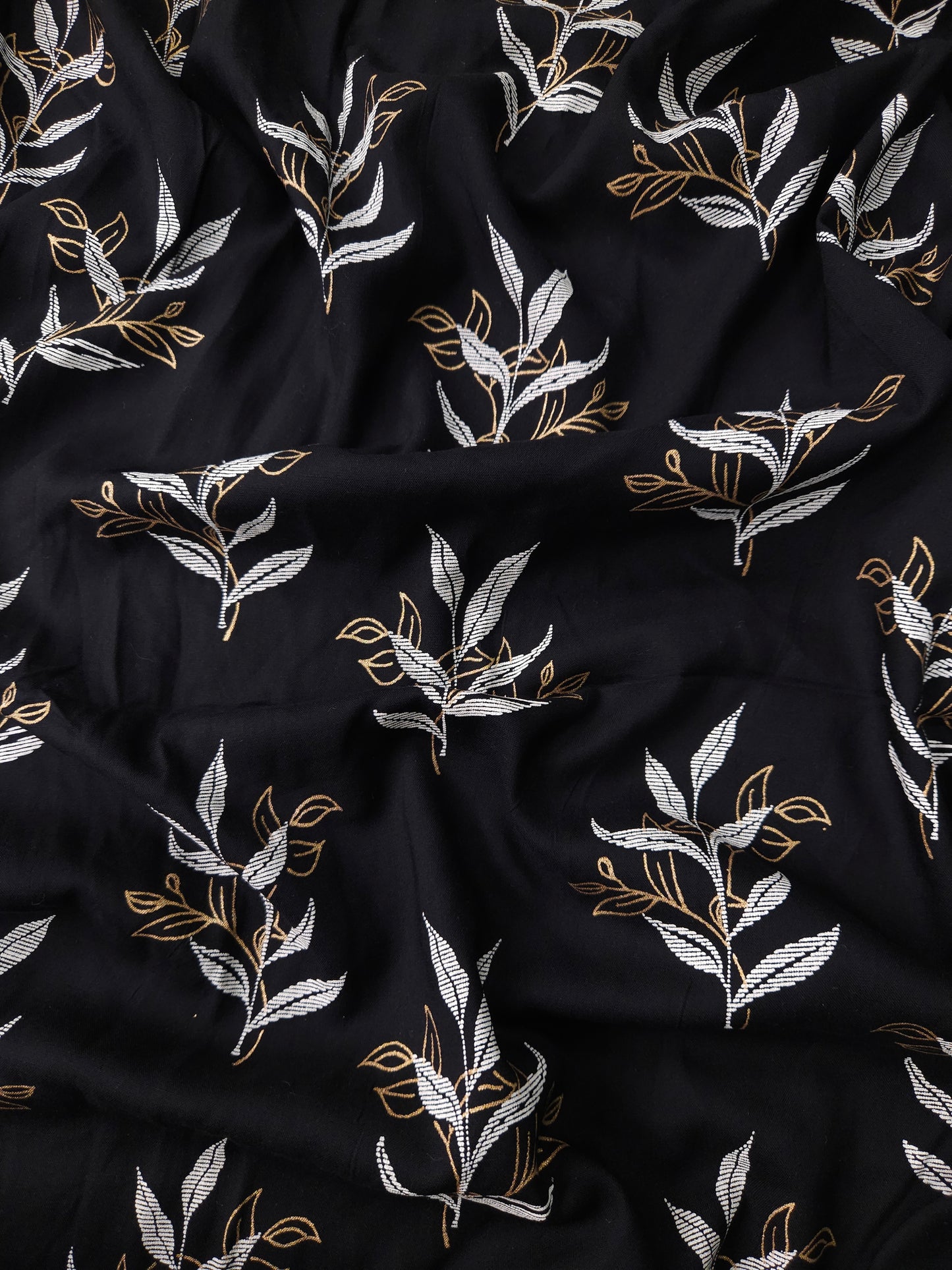 Deep Black with Beige Leaves Printed Modal Rayon Fabric