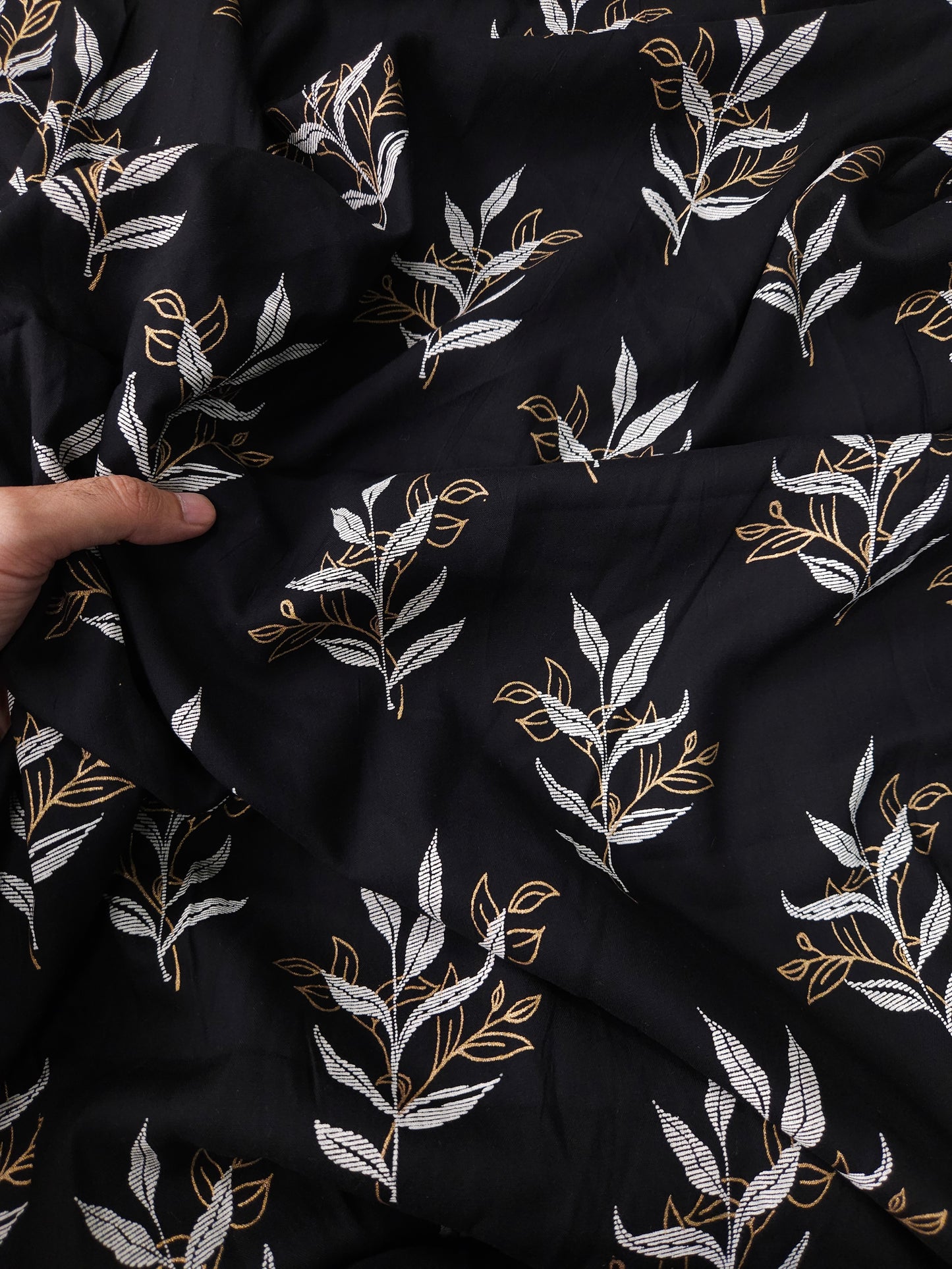 Deep Black with Beige Leaves Printed Modal Rayon Fabric