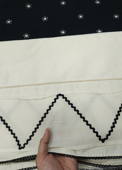 Black White Floral Double fabric Cotton Suit Set & Kota Cotton Bottom with designer lace on border