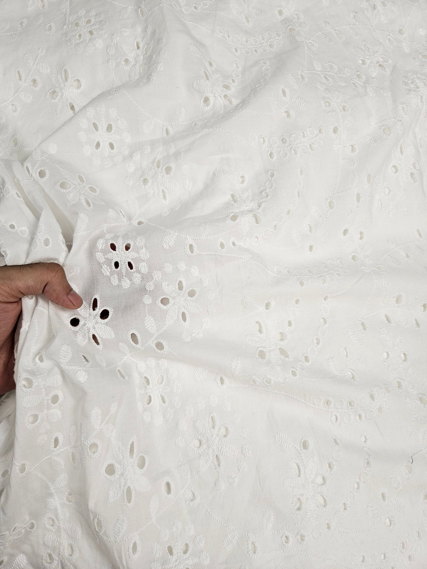 White Floral Eyelet Embroidered Cotton Fabric