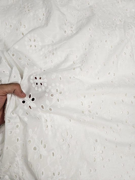 White Floral Eyelet Embroidered Cotton Fabric