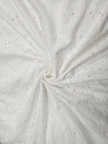 White Floral Eyelet Embroidered Cotton Fabric