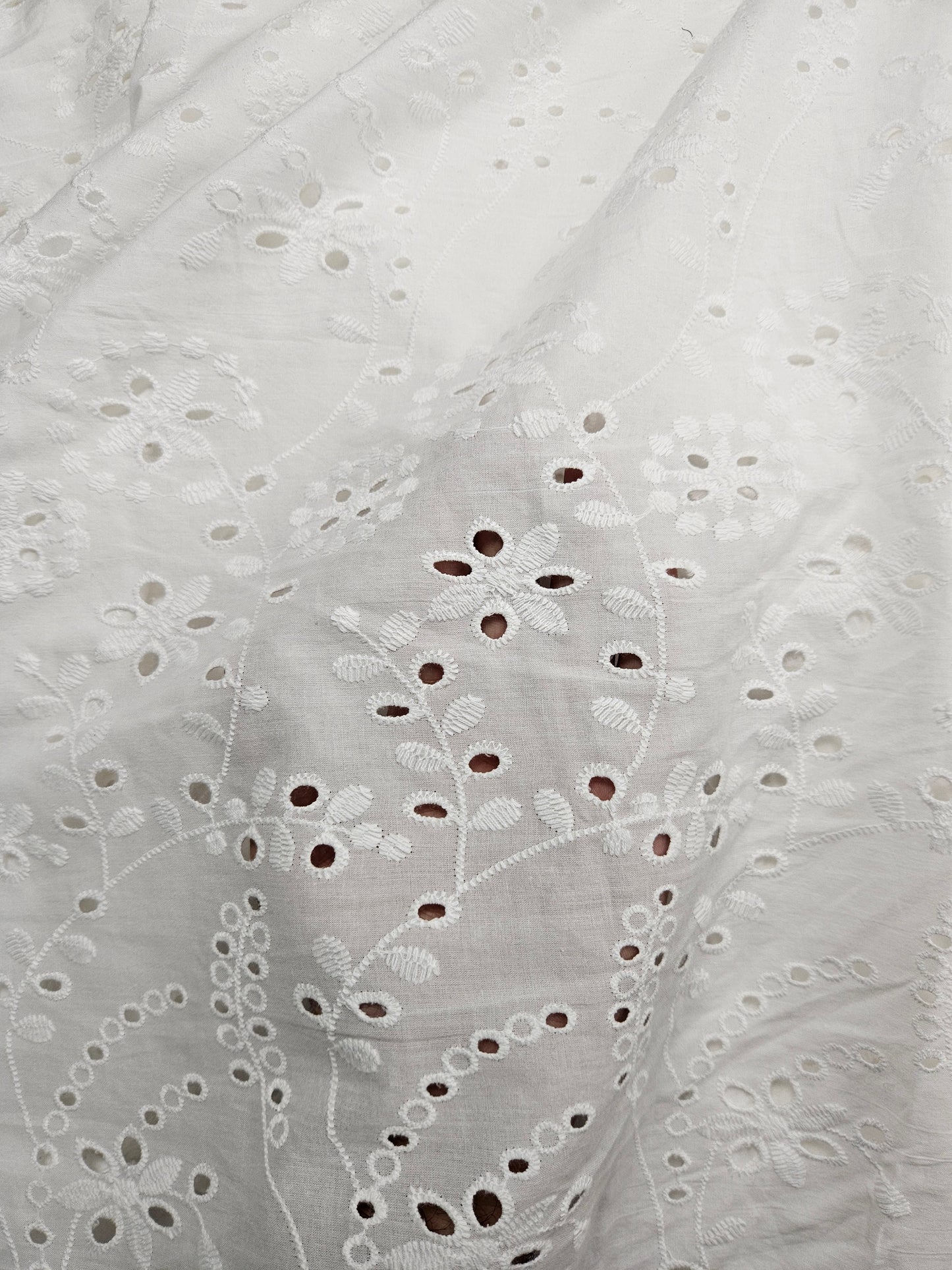 White Floral Eyelet Embroidered Cotton Fabric