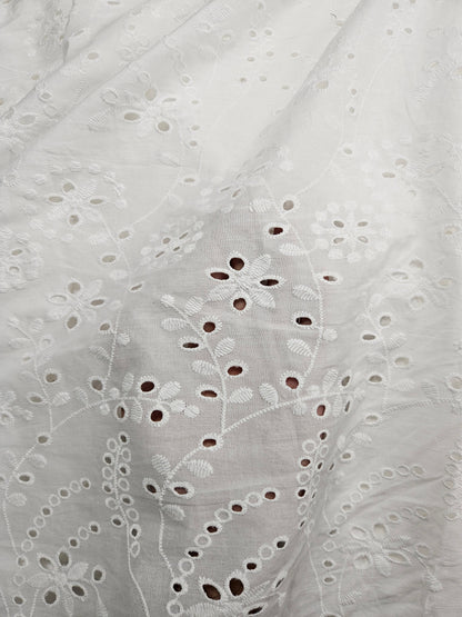 White Floral Eyelet Embroidered Cotton Fabric