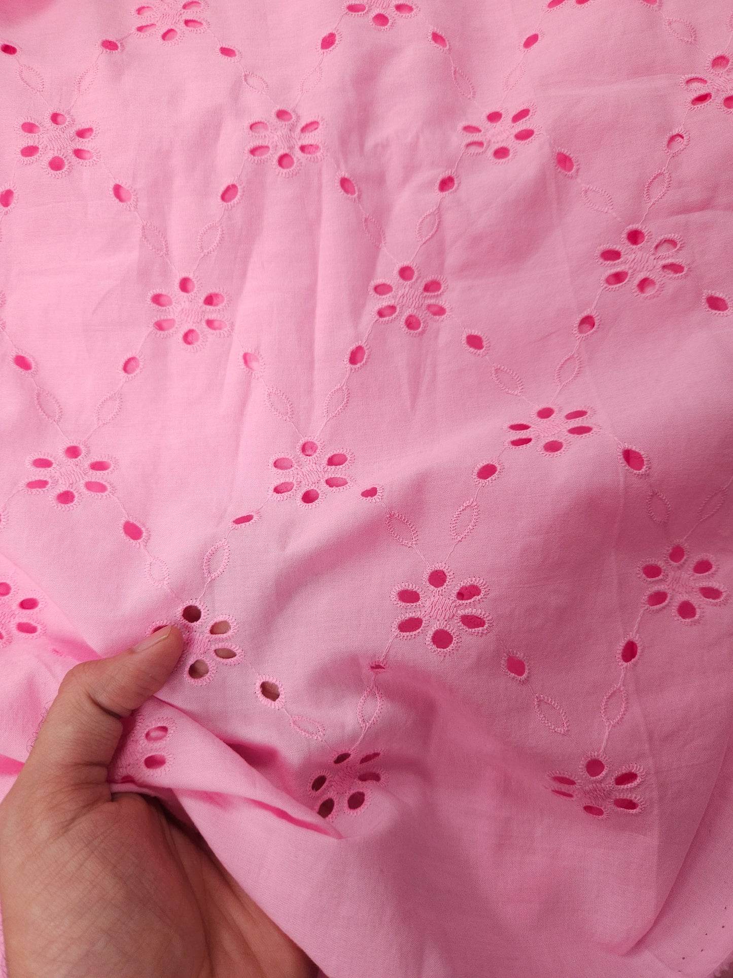 Pink Petal Embroidered Cotton Eyelet Fabric