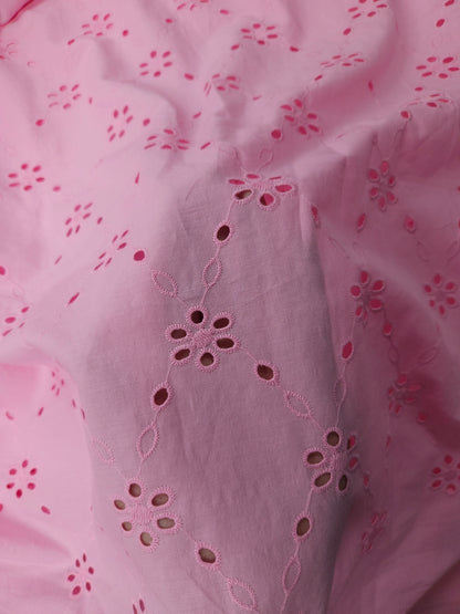 Pink Petal Embroidered Cotton Eyelet Fabric