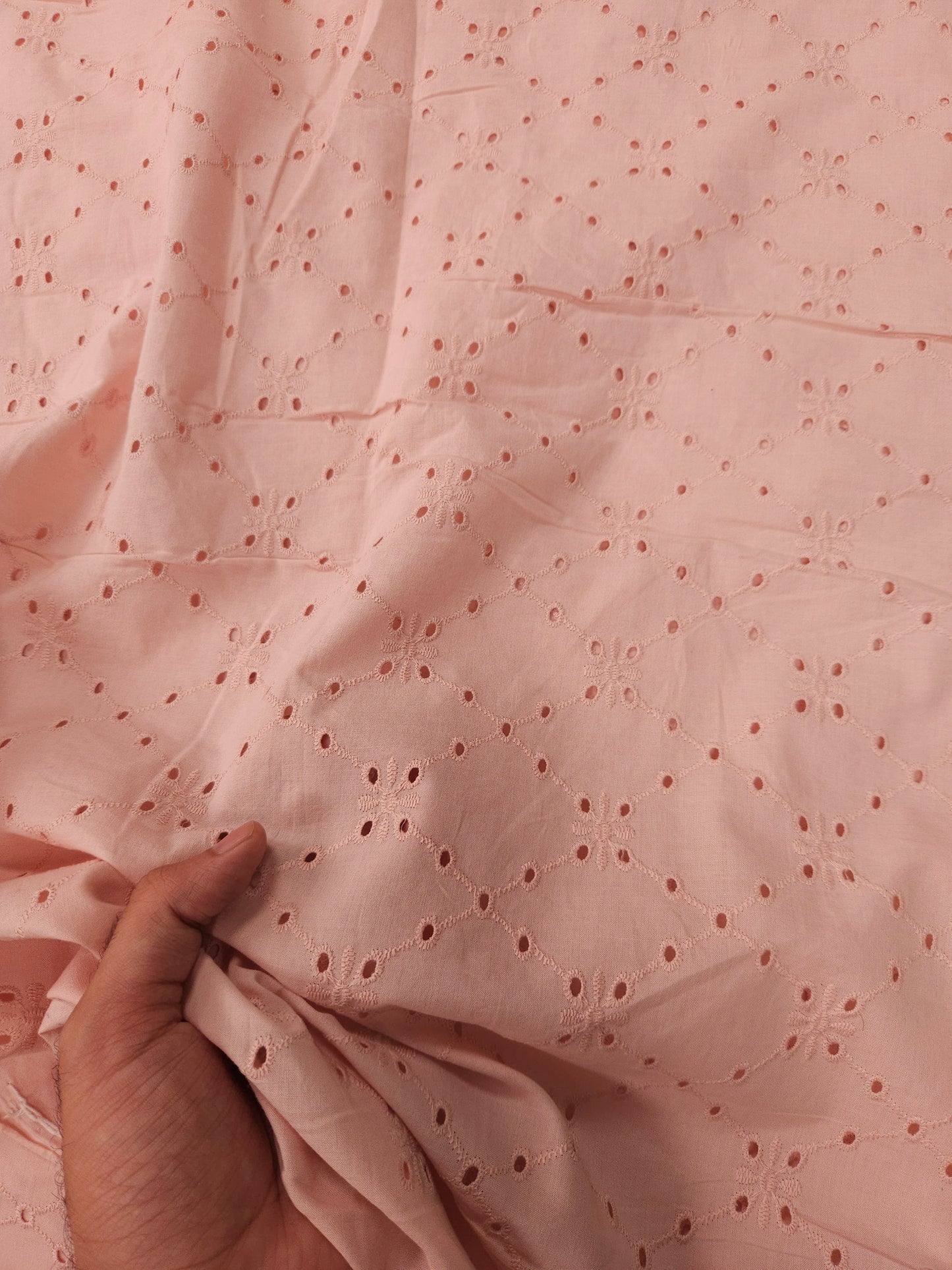 Peach Bloom Cotton Schiffli Embroidered Fabric
