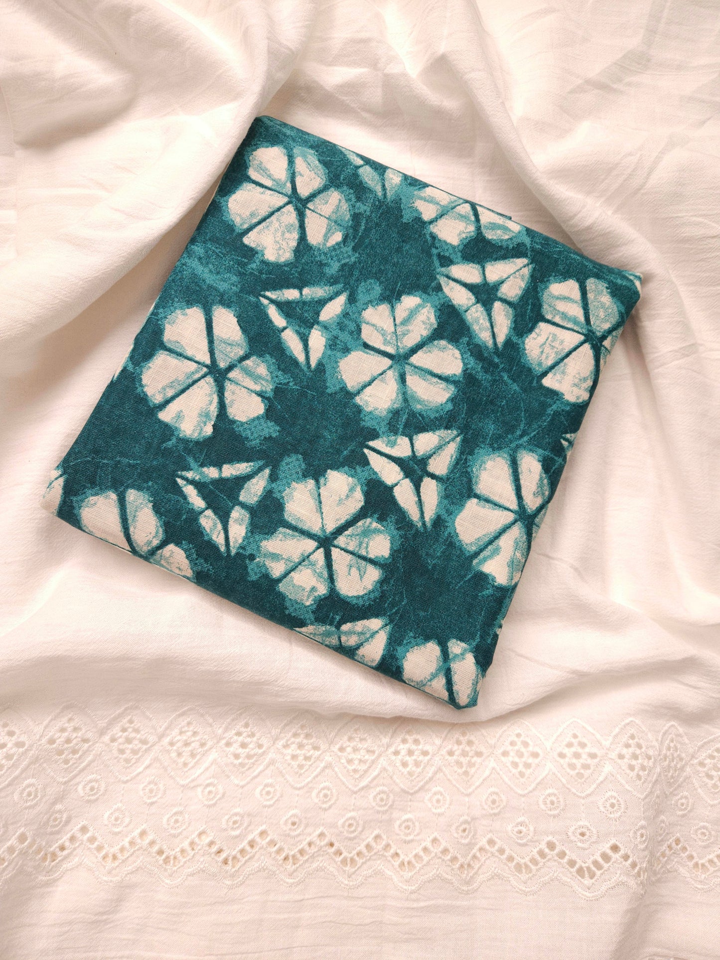 Teal Floral Print Cotton Linen Kurta with White Cotton Schiffli Bottom Suit Set