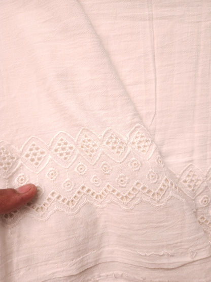 Teal Floral Print Cotton Linen Kurta with White Cotton Schiffli Bottom Suit Set