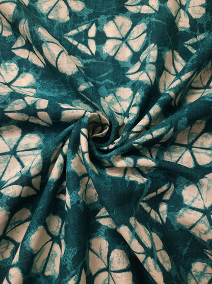 Teal Floral Print Cotton Linen Kurta with White Cotton Schiffli Bottom Suit Set