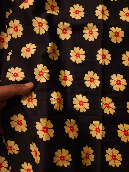 Black Floral Modal Rayon Kurta Fabric with Mustard Cotton Schiffli Bottom