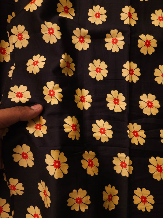 Black Floral Modal Rayon Kurta Fabric with Mustard Cotton Schiffli Bottom