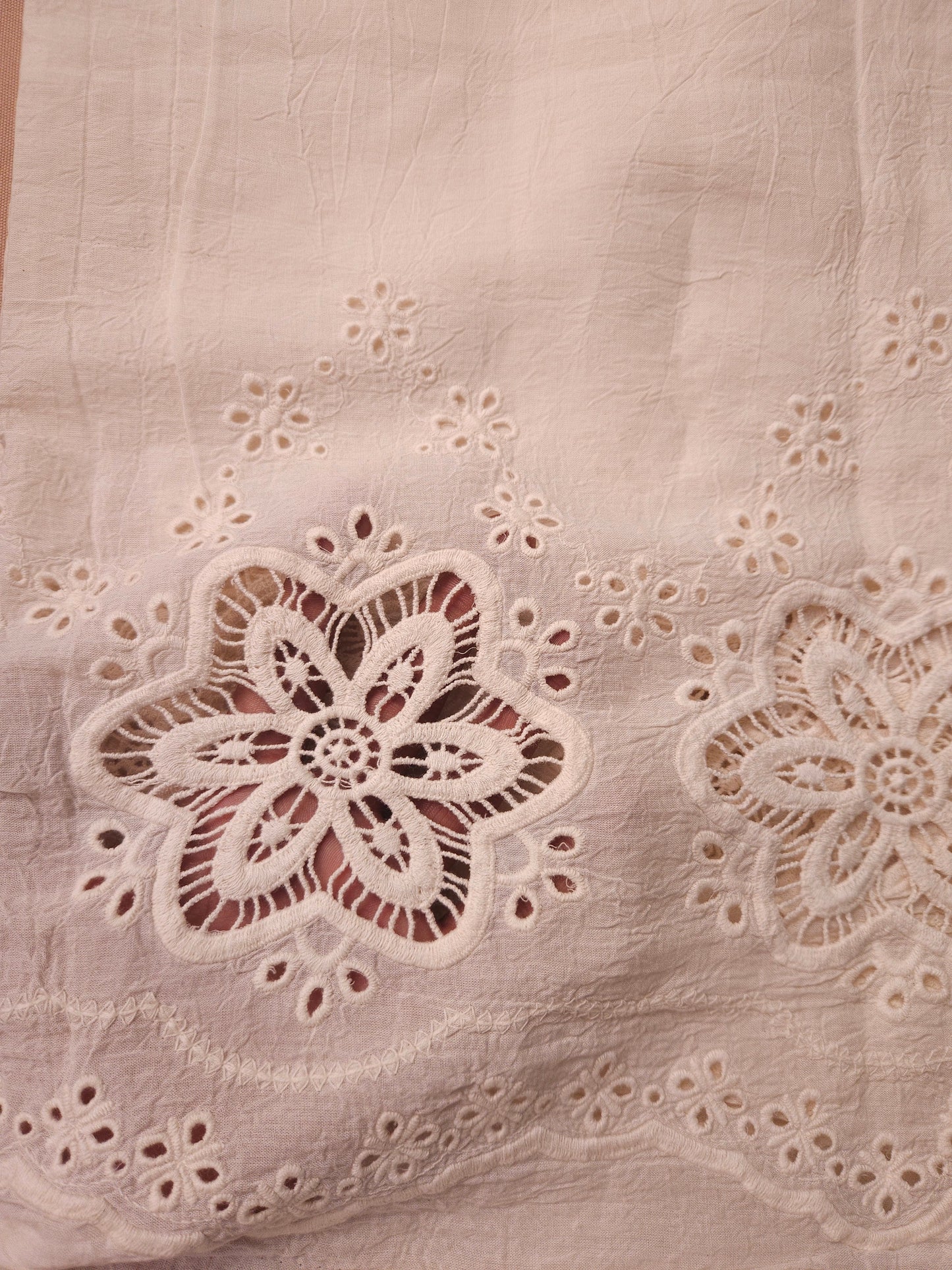 Pink Floral Cotton Kurta Fabric with White Cotton Schiffli Bottom