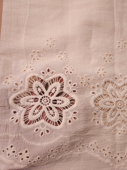 Pink Floral Cotton Kurta Fabric with White Cotton Schiffli Bottom