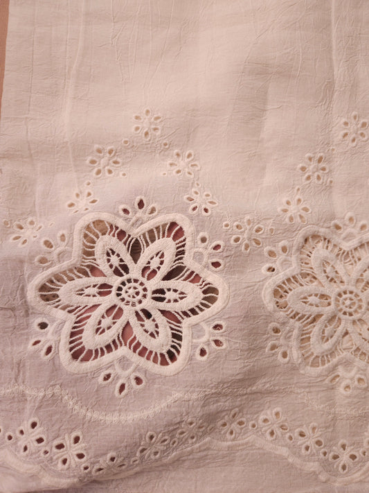 Pink Floral Cotton Kurta Fabric with White Cotton Schiffli Bottom