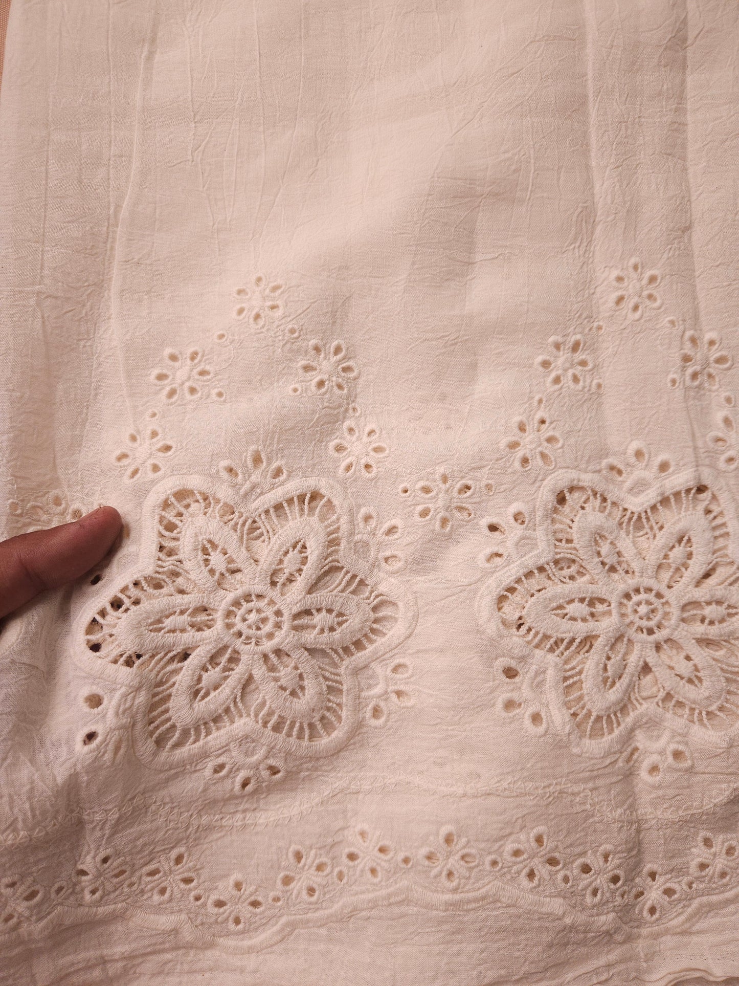Pink Floral Cotton Kurta Fabric with White Cotton Schiffli Bottom