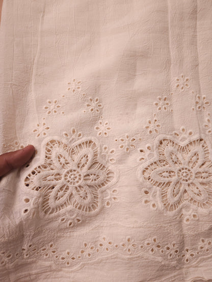 Pink Floral Cotton Kurta Fabric with White Cotton Schiffli Bottom
