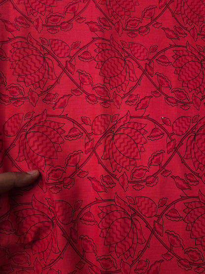 Pink Floral Cotton Kurta Fabric with White Cotton Schiffli Bottom