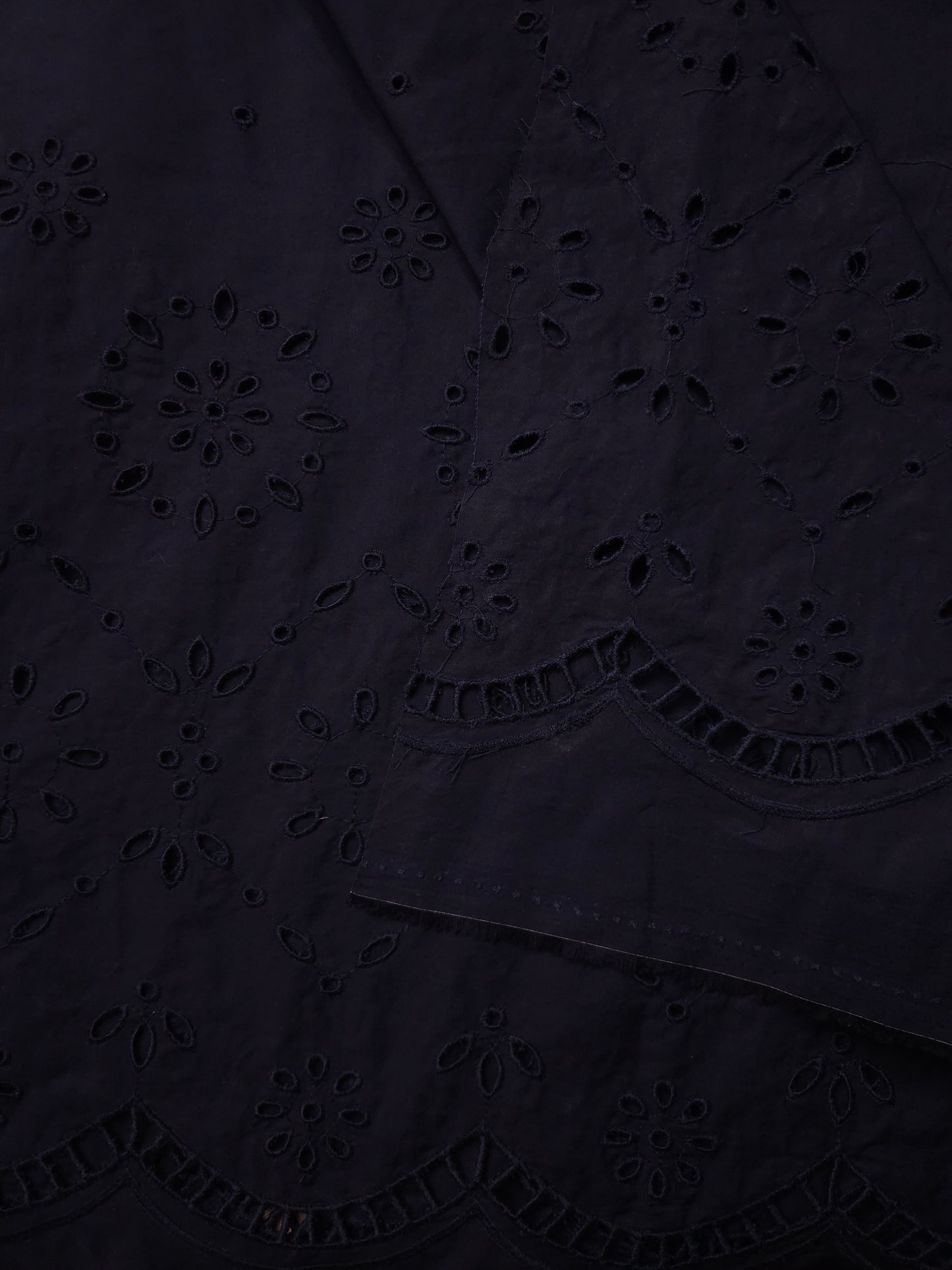 Navy Blue Cotton Poplin Schiffli Bottom with Cotton Linen Printed Kurta Fabric