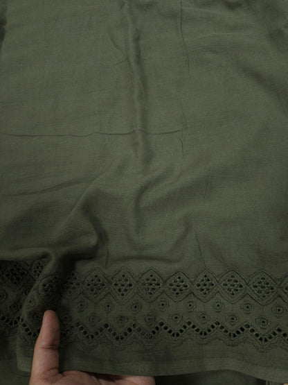 White Floral Cotton Kurta Fabric with Olive Green Cotton Schiffli Bottom