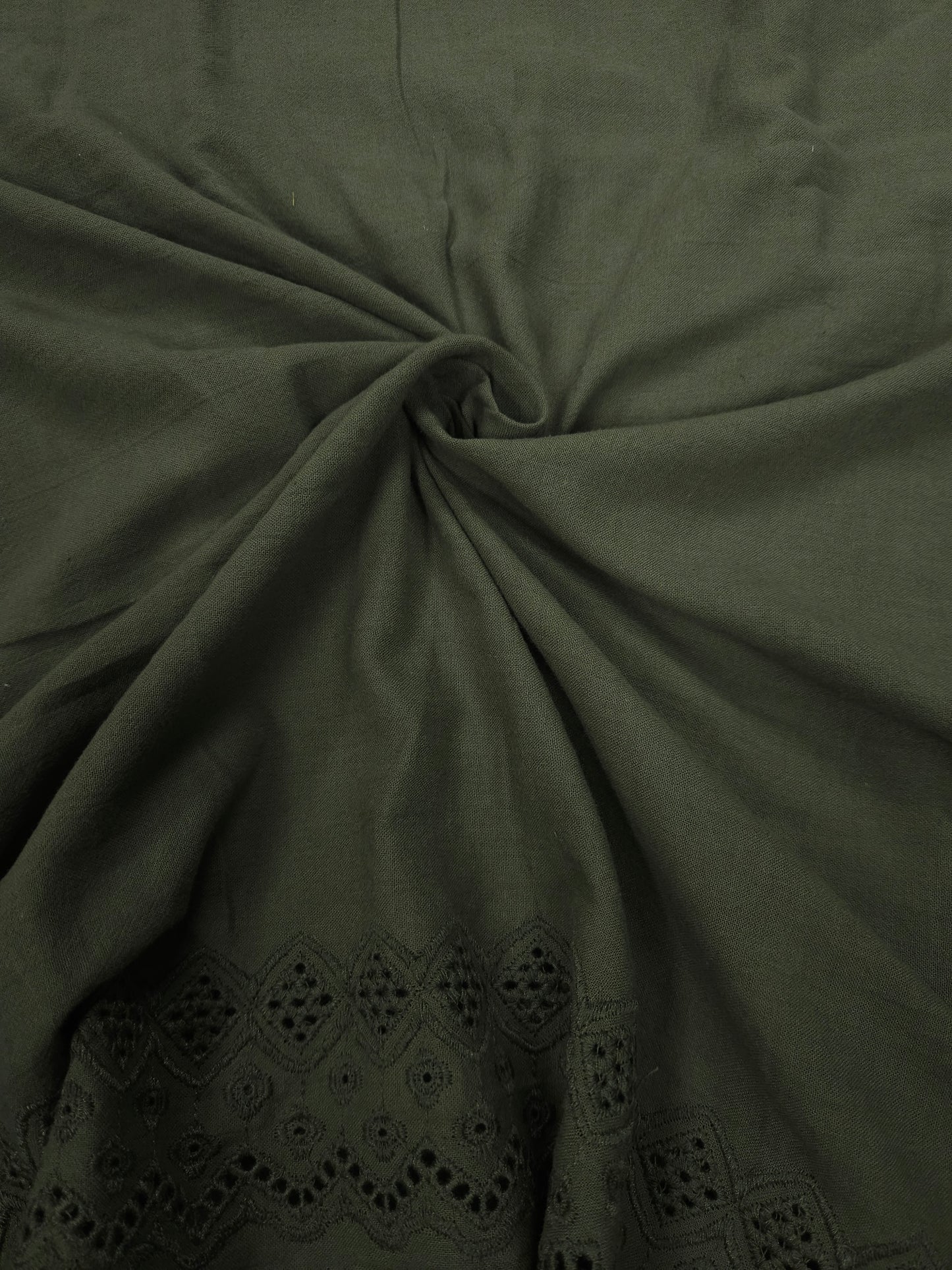 White Floral Cotton Kurta Fabric with Olive Green Cotton Schiffli Bottom